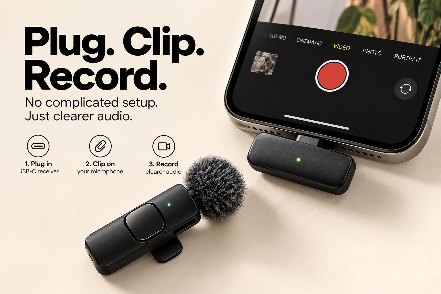 ClipTone USB-C receiver and clip-on microphone setup